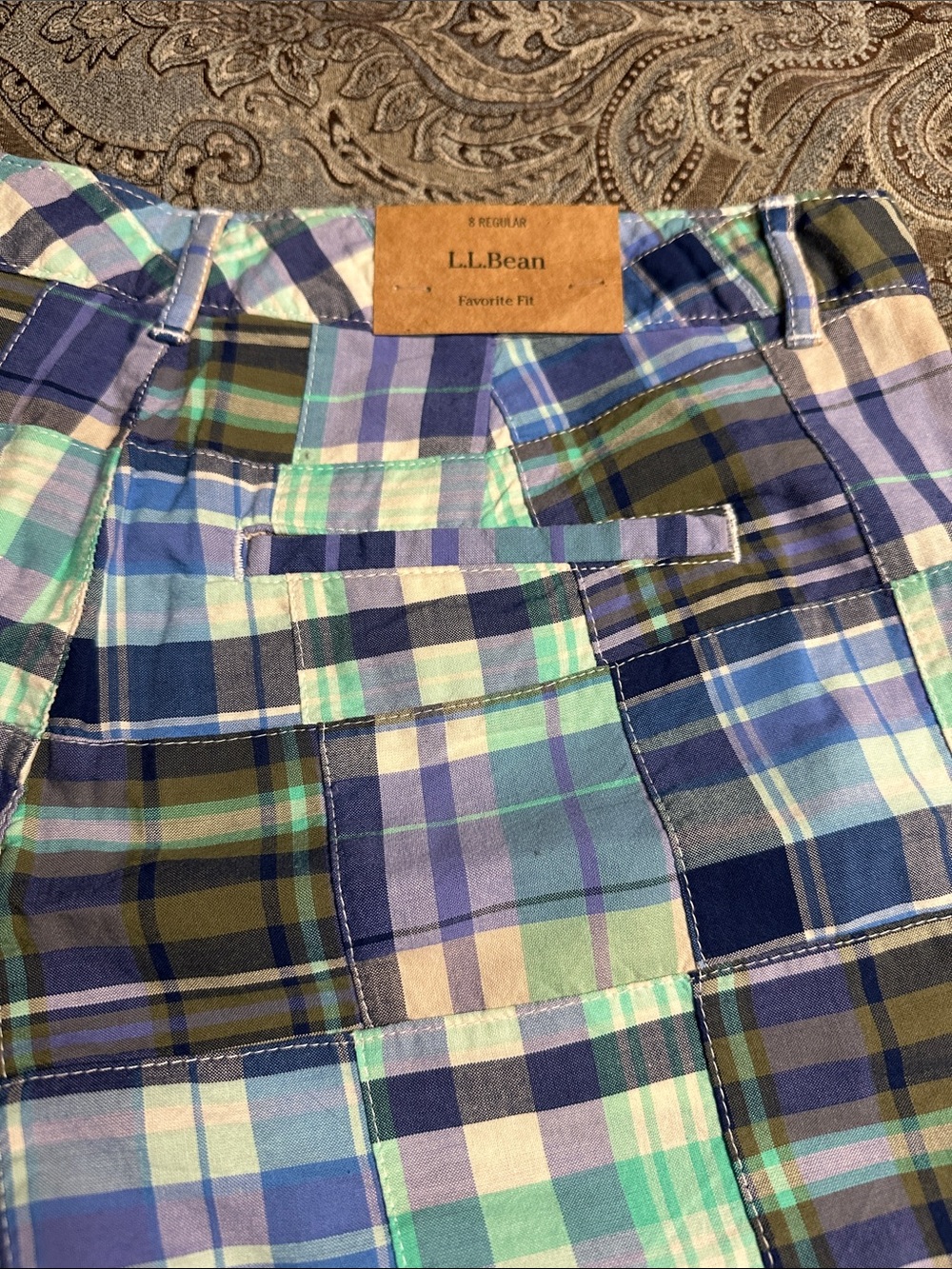 L.L. Bean Plaid Patchwork Bermuda Shorts in Blue, Green & Tan - Picture 4 of 4